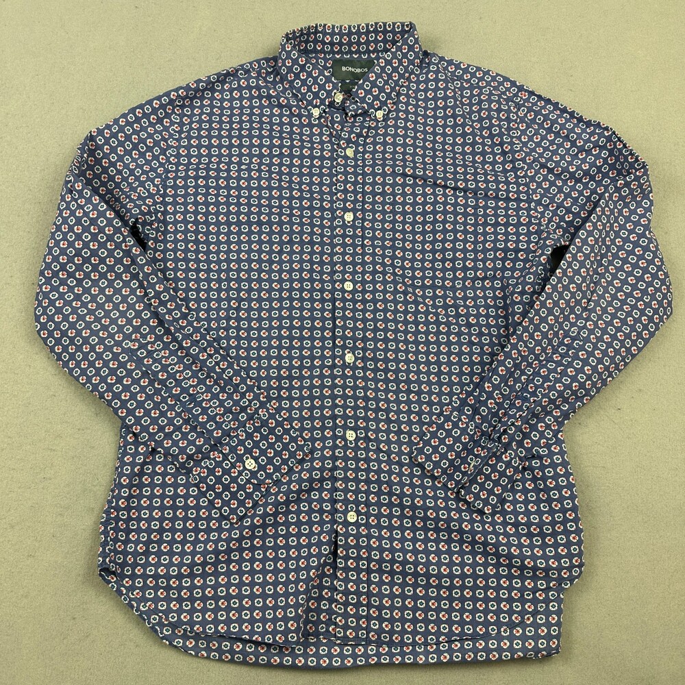 Bonobos Shirt Men Large Blue Floral Geometric Button Up Slim Fit Pocket L